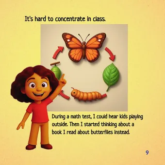 Interior page reading "It's hard to concentrate in class. During a math test, I could hear kids playing outside. Then I started thinking about a book I read about butterflies instead." Nico stands beside a diagram of the butterfly life cycle — egg, caterpillar, chrysalis, butterfly — on a warm yellow background.